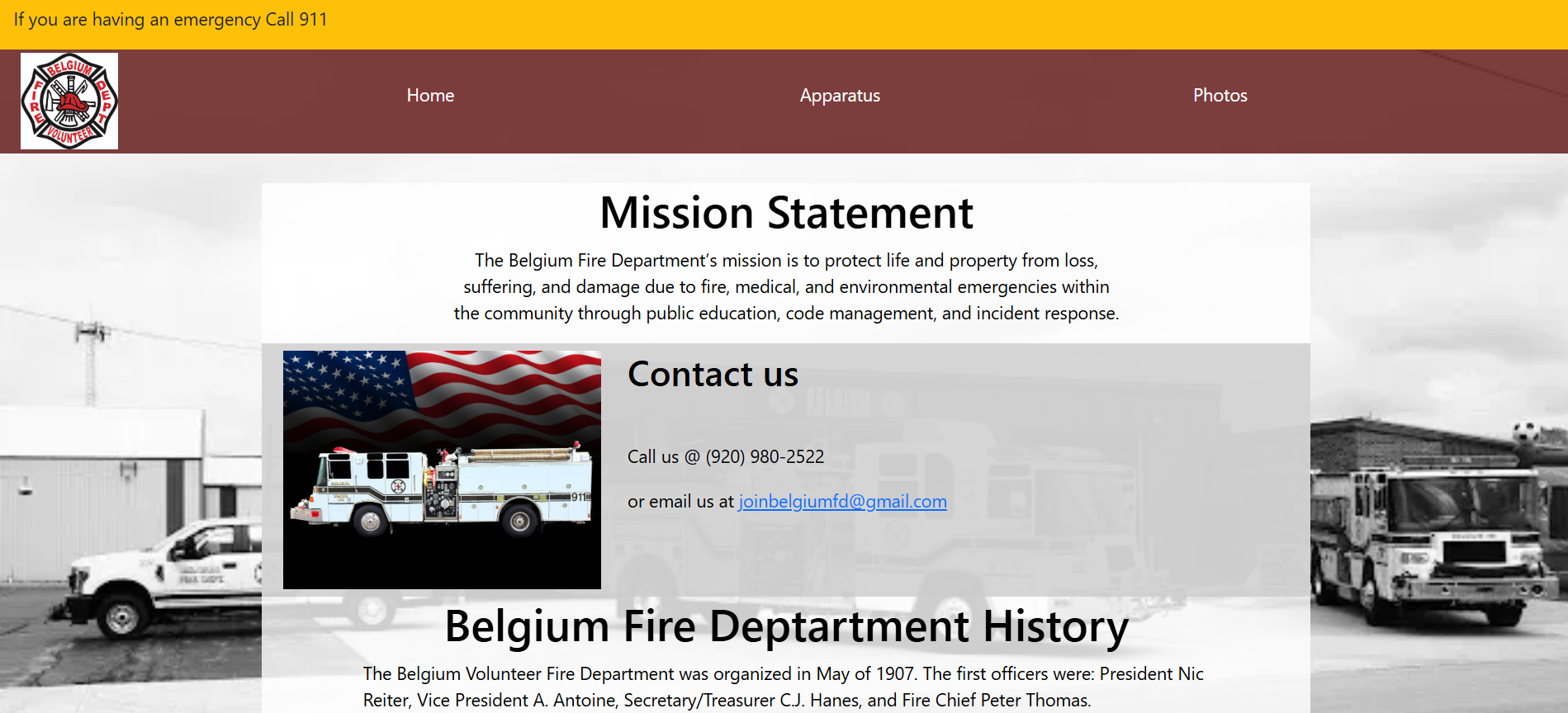 Image of Belgium Fire Department website